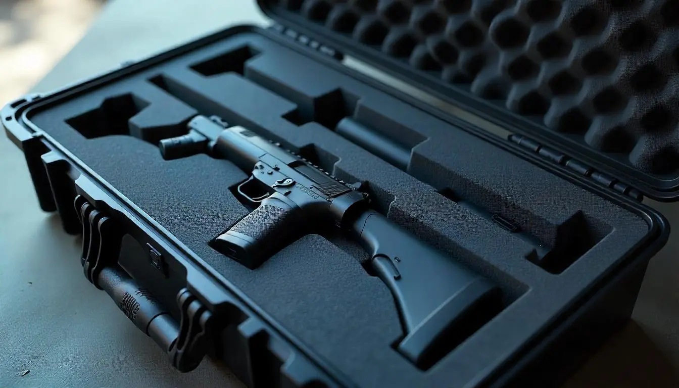 An open black hard case with a custom foam insert designed to hold a firearm. The firearm is securely placed in the foam cutouts.