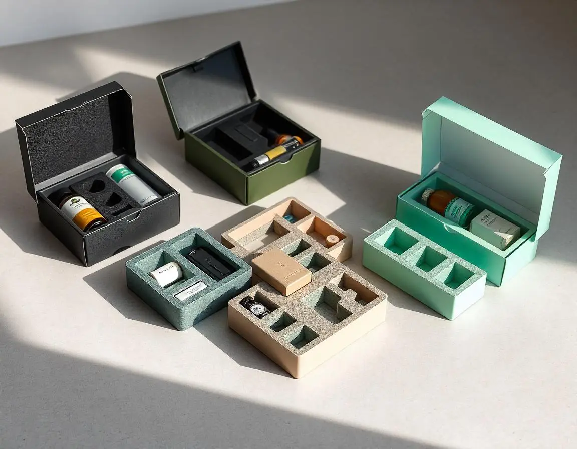 A collection of custom foam inserts in different colors and sizes, designed to securely hold various products like bottles and tubes. The inserts are arranged in different boxes, showcasing how they can be used to package and protect items.