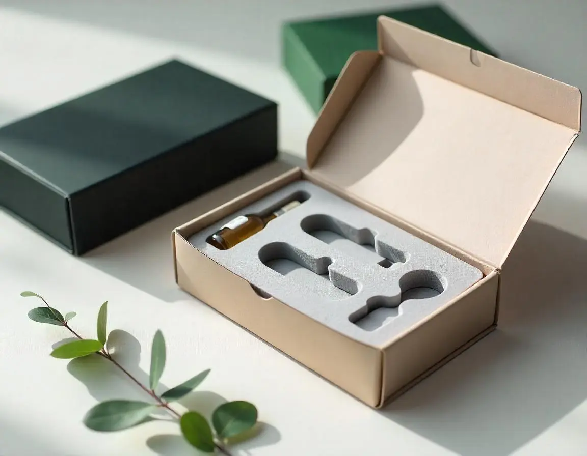 A cardboard box with a foam insert, containing a small glass bottle and other items. The box is open, revealing the contents. A green box and a small branch with leaves are also visible in the background.