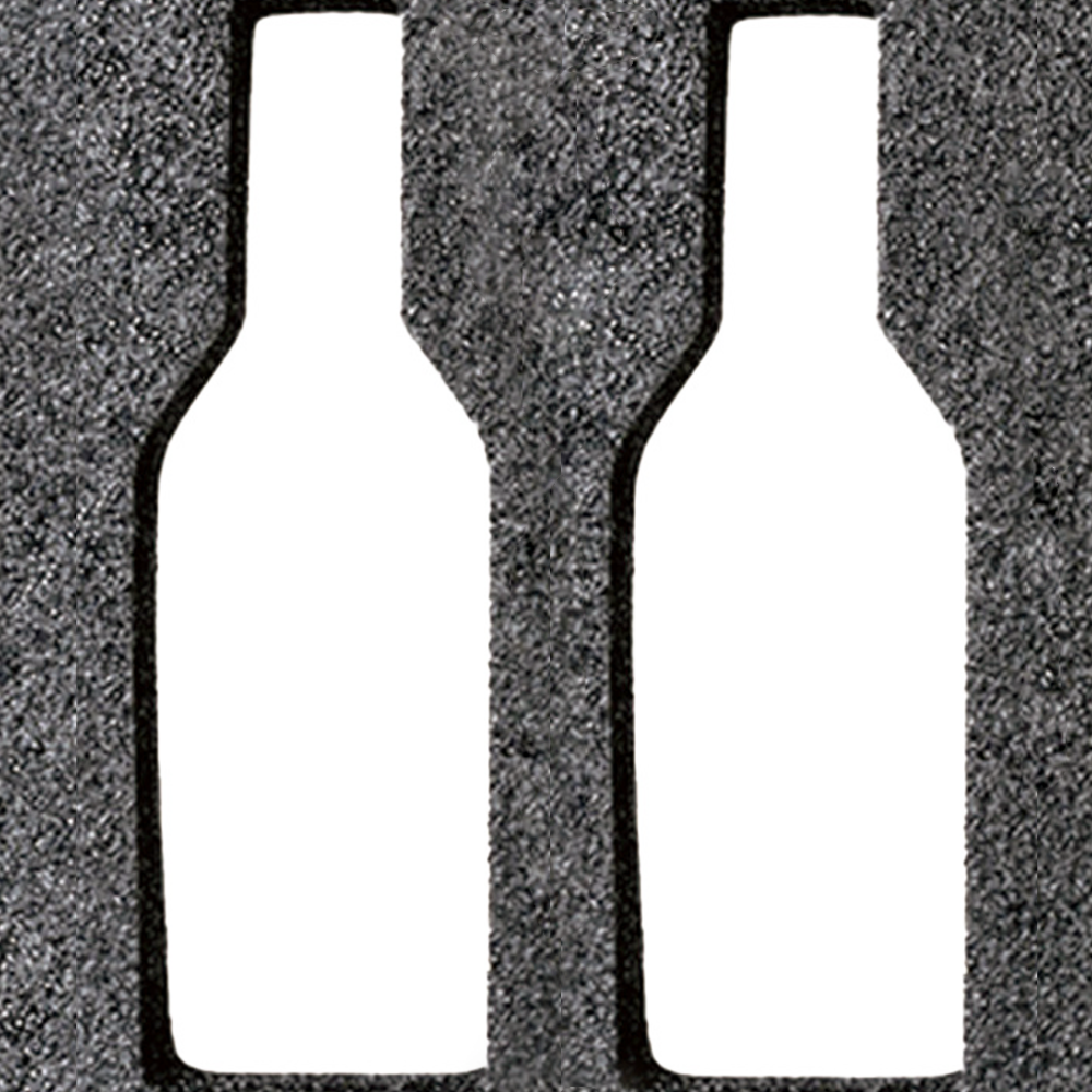 Two empty bottle-shaped cutouts in a gray foam panel.
