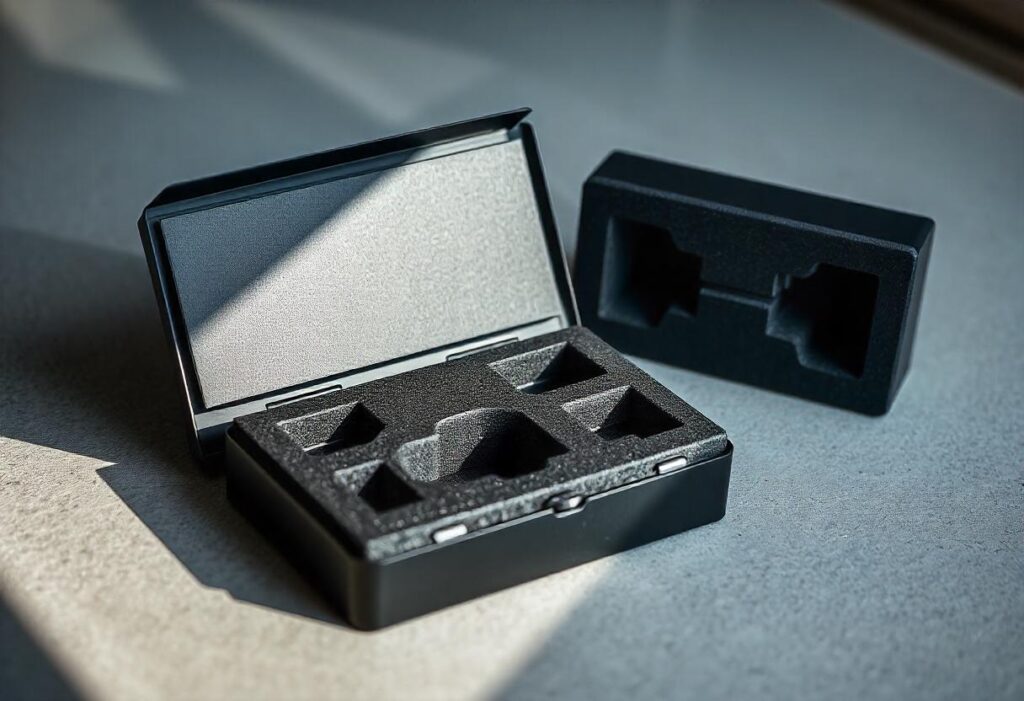 A black storage case with a hinged lid, lined with custom foam inserts to securely hold multiple small items.