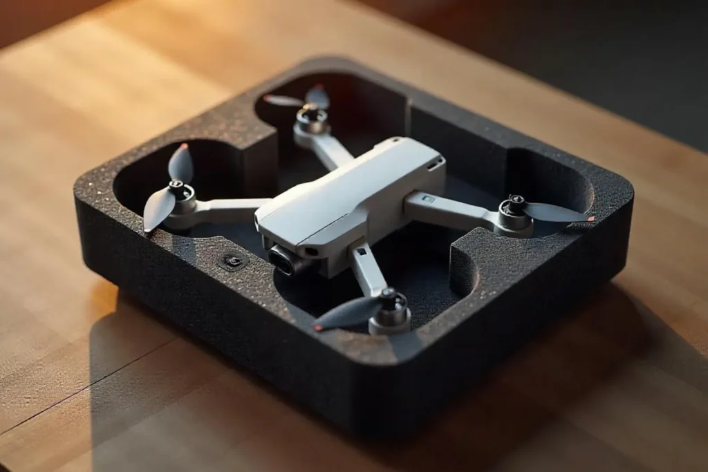 A black foam insert with custom cutouts for packaging a drone.