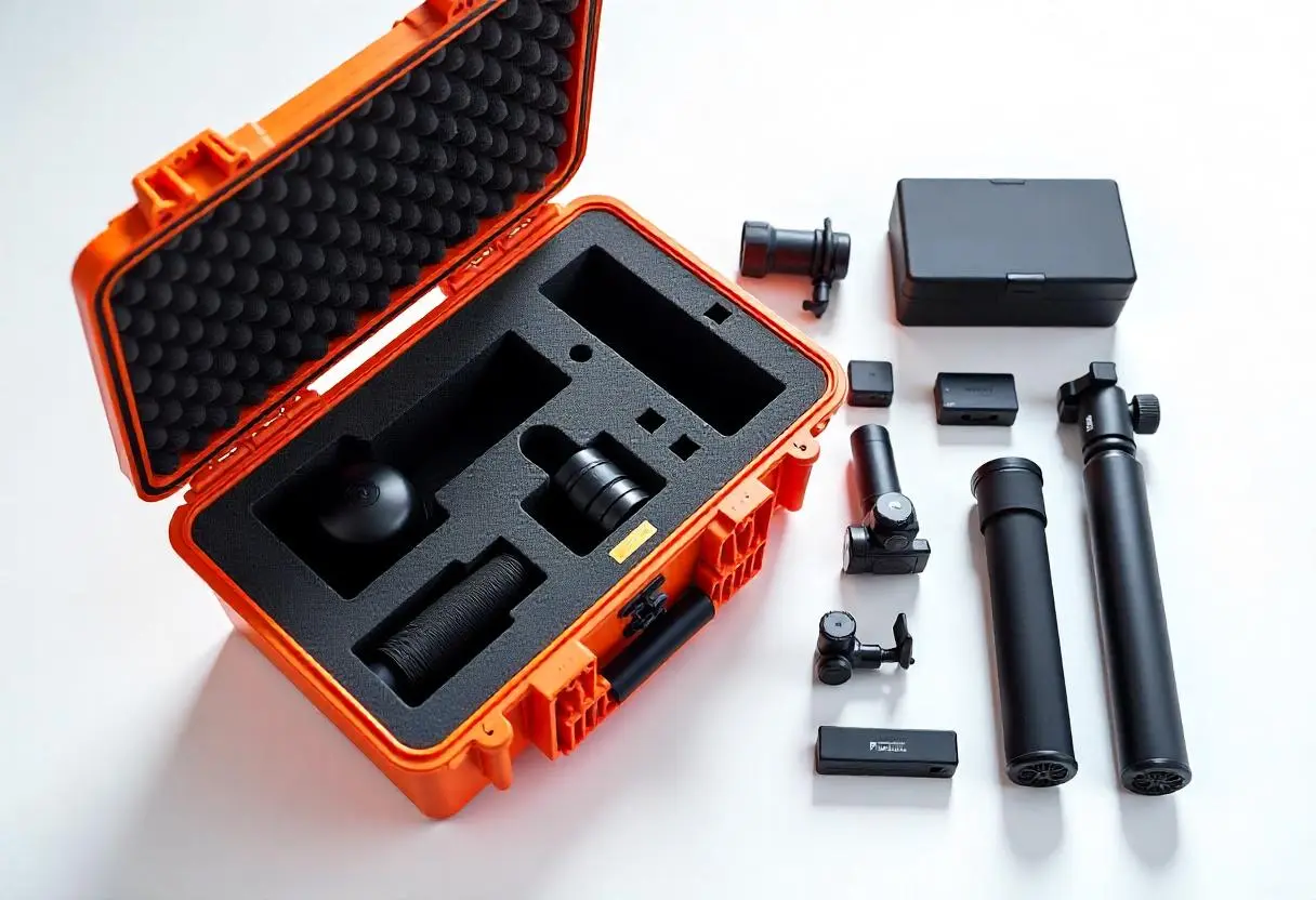 A complete and portable film-making kit with a camera rig, lenses, accessories, and a protective custom foam insert in orange case for easy transport and setup.