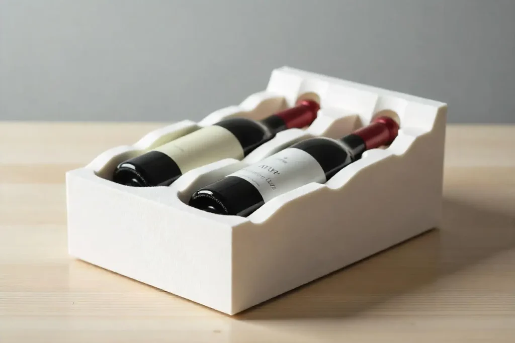 A white foam insert with custom cutouts for packaging wine bottles.