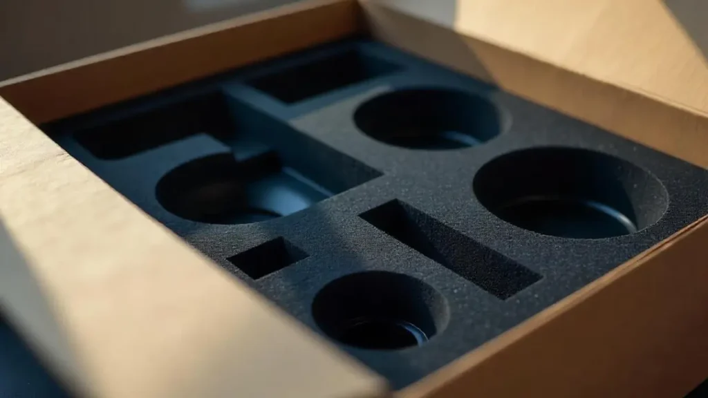 Custom foam inserts providing secure and organized storage for dashboard and console components.