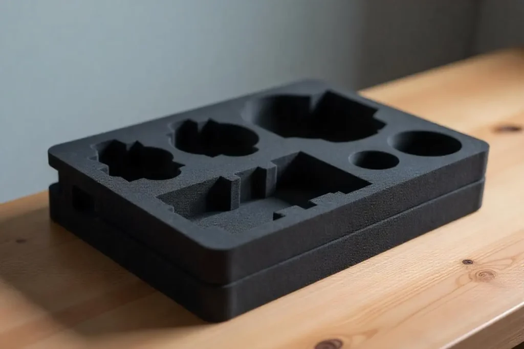 A black foam insert with custom cutouts for packaging different items.