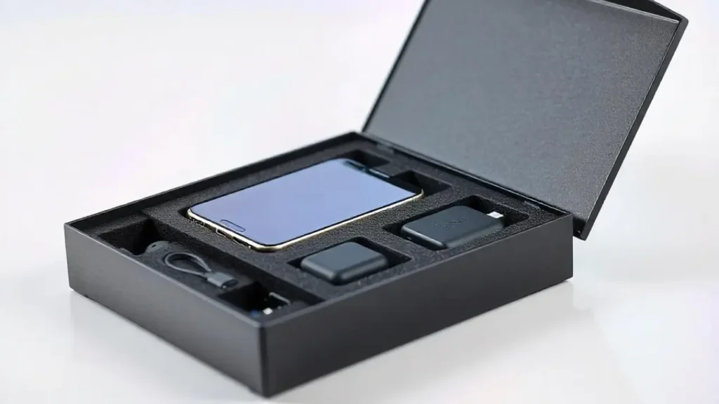 A black presentation box with a custom-cut foam insert designed to perfectly hold a smartphone, charger, and other accessories.
