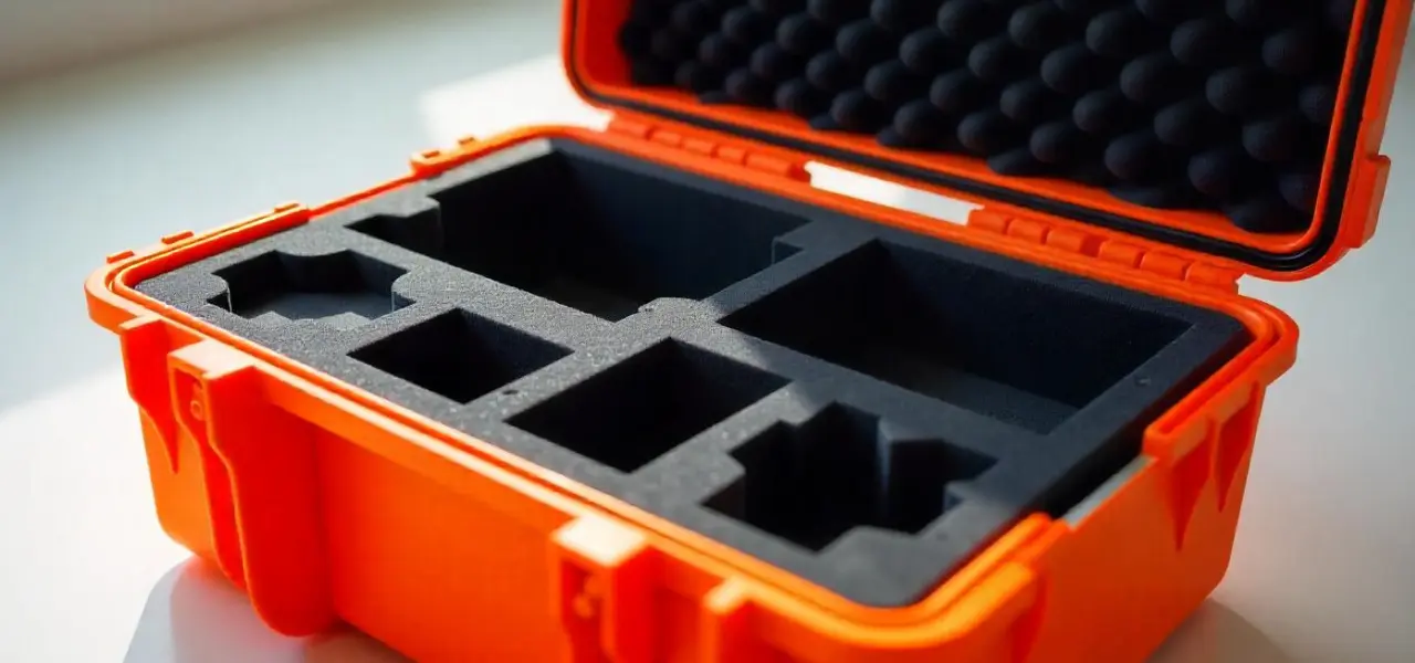 An orange case with multiple compartments and a foam interior for storing and protecting various items.