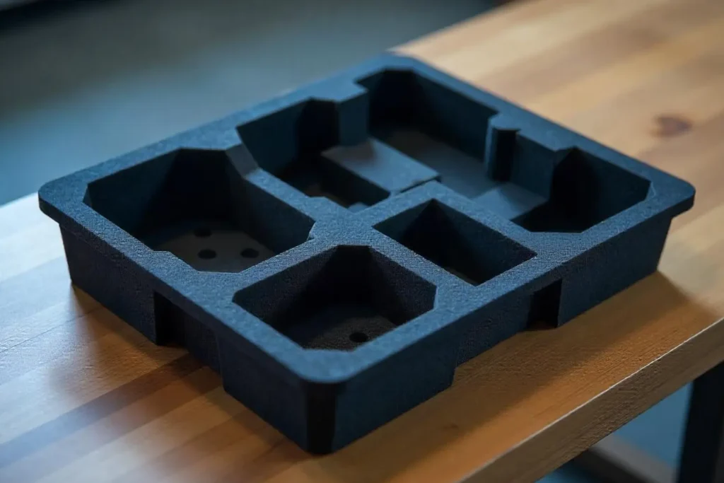 Close-up of a precision-cut foam insert for tech device packaging.