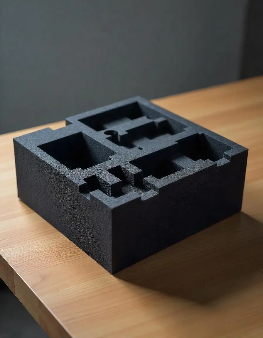 A black foam insert with intricate cutouts for product packaging.