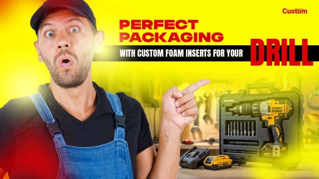A surprised man pointing at a contractor's drill machine and accessories, including batteries and drill bits, all neatly organized and secured in a custom foam insert inside a tool case.