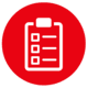 Red circular icon with a white clipboard checklist, representing submission of requirements