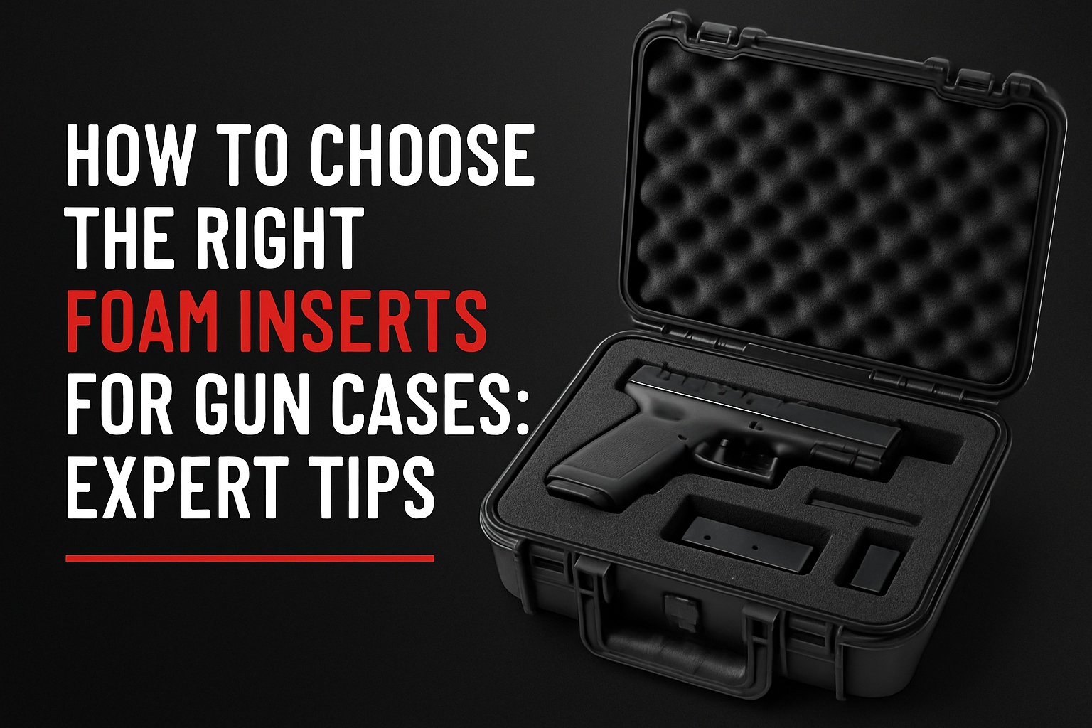 Expert tips on how to choose the right foam inserts for gun cases from Custom Foam Parts. An image showing an open hard case with a Glock-style pistol and magazine securely held in a custom-cut foam insert, with egg-crate foam in the lid.