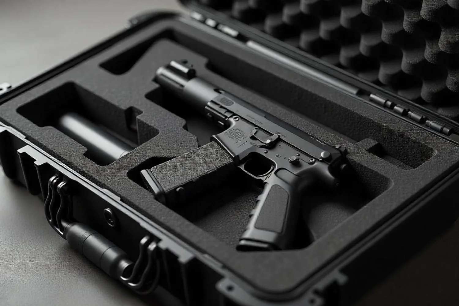 An open black hard case with a custom foam insert.